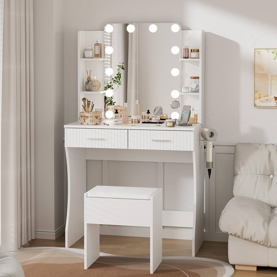 nity Desk with LED Lighted Mirror, Makeup Vanity with 3 Adjustable Lights, 2 Large Drawers and 4 Open Shelves, White Vanity with Storage Stool for Bed