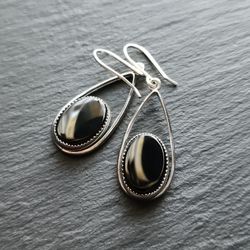 Vintage Beau Sterling Silver Black Onyx Dangle Drop Earrings Signed Designer