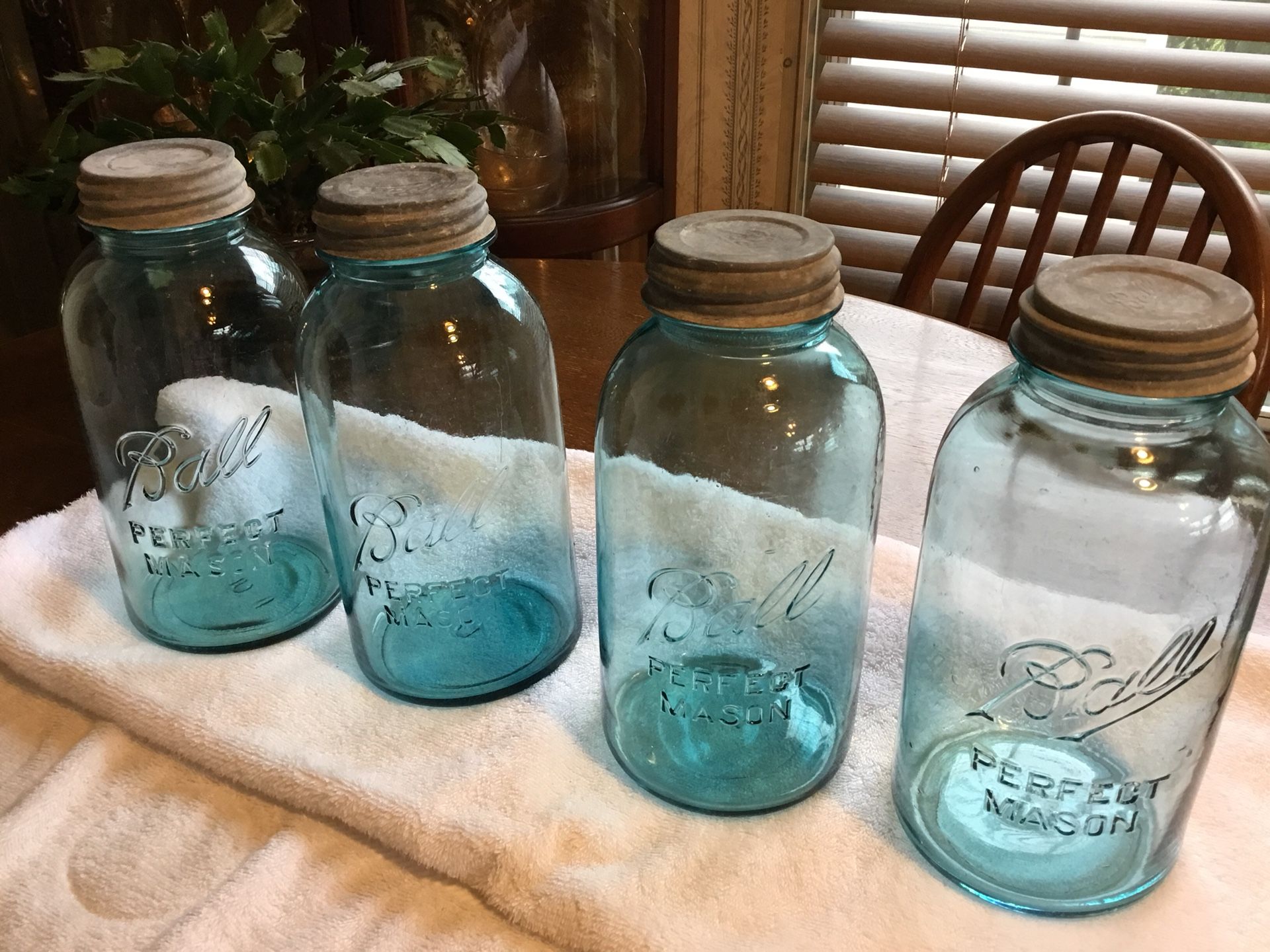 Antique Ball “blue” half gallon canning jars with Ball zinc/glass lids