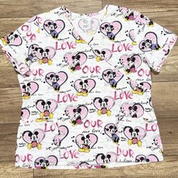 Disney Mickey & Minnie Mouse Love Heart Print Graphic Scrub Top Shirt Womens XL