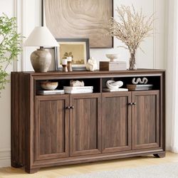60 Inches Kitchen Sideboard Buffet Cabinet with Storage and 4 Doors, Brown  Large Sideboard Kitchen Cabinet with Open Shelf & Adjustable Shelf, Kitche