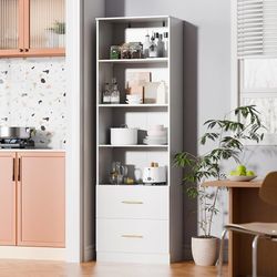 O946 $80  74.1'' Bookshelf,Tall Bookcase with Drawers, 4-Tier Open Bookshelf with Adjustable Storage Shelves,23.6 Inches Wide Floor Standing Bookcase 