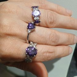 3 Amethyst Silver Rings  New