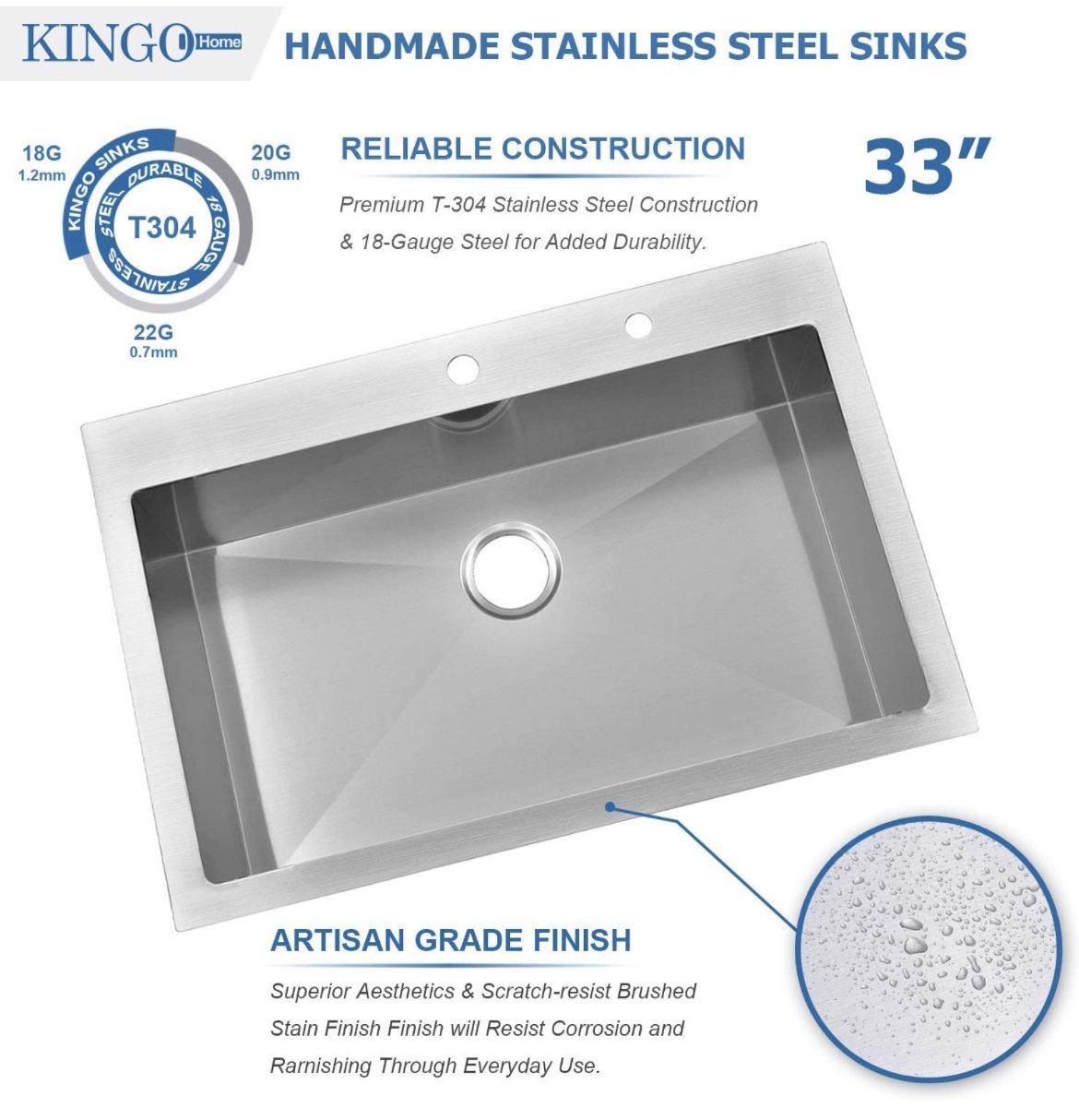 KINGO HOME 33 x 22 Inch Drop in Stainless Steel Kitchen Sink, Single
