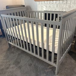 Grey Baby Crib - Full Size With New Mattress 