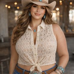 NWT IRIS BASIC Off White Lace Sleveless Front Tie Button Up Crop Top Jrs 1X  14