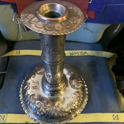 Silver plate Over Copper 3 Face Initialed  8”base By 11” Tall Candlestick