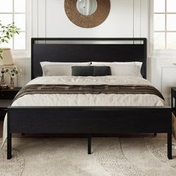 BRAND NEW 
Black Oak Full Size Metal Platform Bed Frame with Wooden Headboard & Underbed Storage