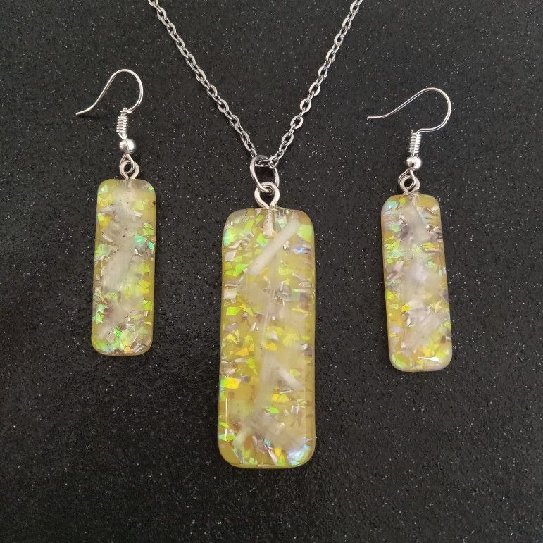 Yellow faux opal selenite oronite bar dangle earrings and necklace jewelry set
