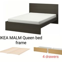 IKEA MALM Queen Bed Frame With Slat base And 4 Under Bed Drawers