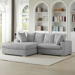 New Light Gray Corduroy Sectional Sofa With Chaise, Free Delivery ✅ Modern Corduroy Sofa Multiple Color Options 