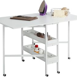 Home Hobby Craft Table with Storage Shelves, Mobile Folding Cutting Table for Large Fabric, Foldable Desk for Home Office Sewing Room Craft Room, Fixe