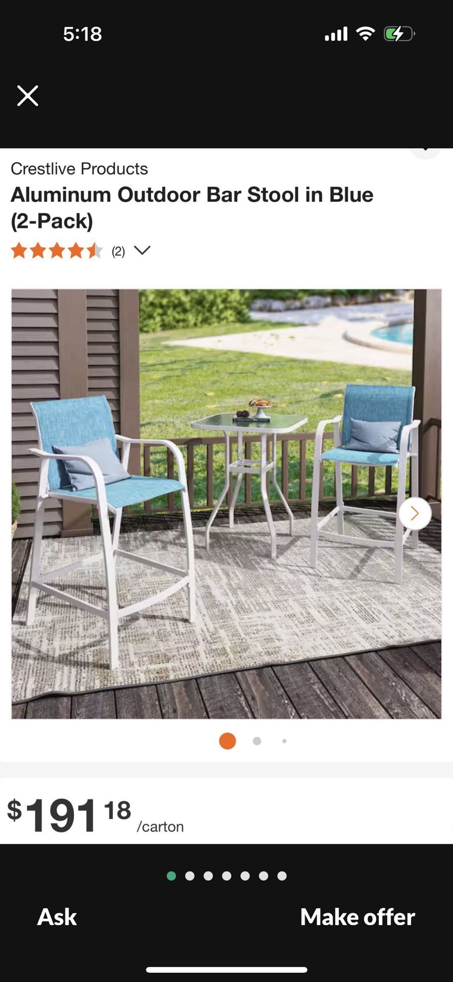 Aluminum Outdoor Bar Stool in Blue (2-Pack) Two Bar Stools