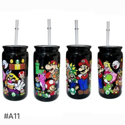 Super Mario Bros Cartoons Black Acrylic Plastic Tumbler Cup 16oz