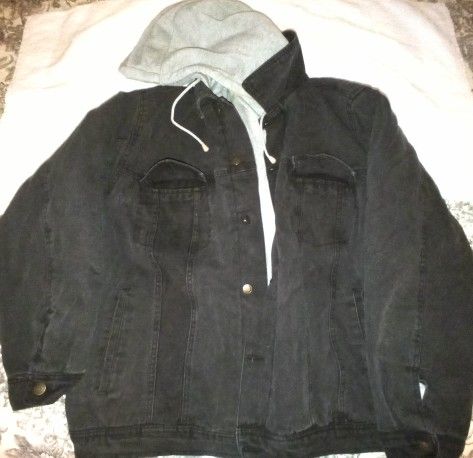 Black And Gray Jean Hooded Jacket