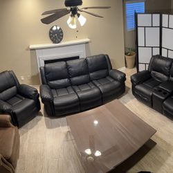 3 Piece Black Leather Recliner Sofa Set 