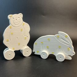 White Bear Bunny Hand Painted Italy Yellow Daisy Flowers Nursery Easter Decor