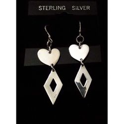 56mm x 14.5mm Solid Sterling Silver Diamond Heart Link Drop Dangle Fr. Hook Earrings. Made in Mexico