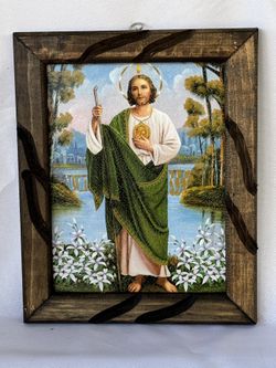Imagen Pequeña De San Judas 9”x11” En Cuadro De Madera Rústico 
