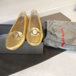 Women's Gold Prada Loafers With Box And Bag Size 40/9.5