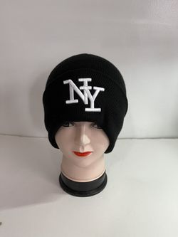 Embroidered NY Men Women Winter Knit Fur lined Beanie Hat - Black/White