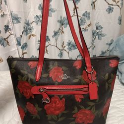 Coach Red & Black Floral Handbag