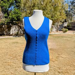 1960s Deep Blue Fuji-Knit Co. Tokyo Cable Knit V-neck Petite Lg Button Down Vest