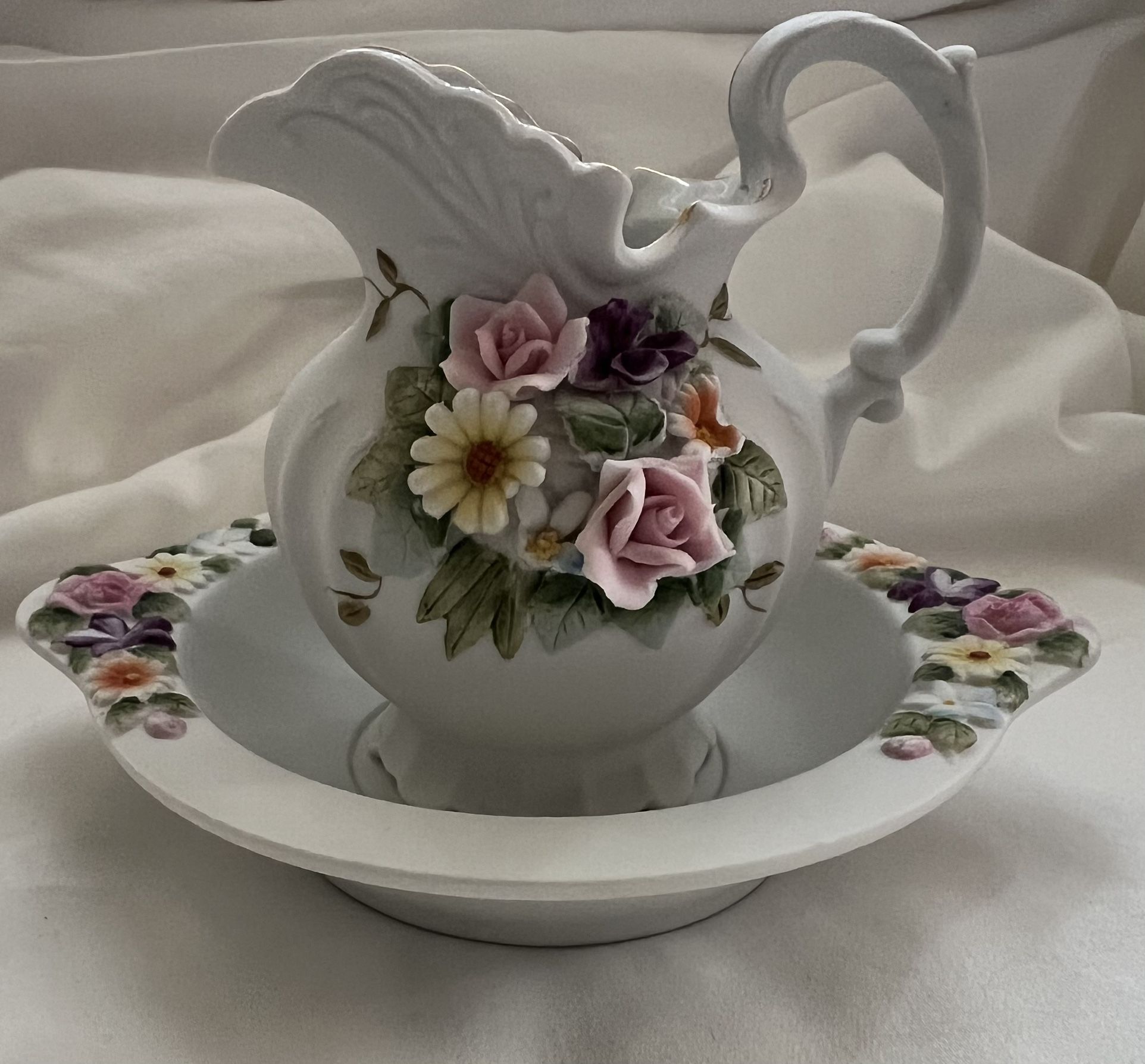 Lefton Bisque Porcelain Floral Decorative Pitcher & Plate