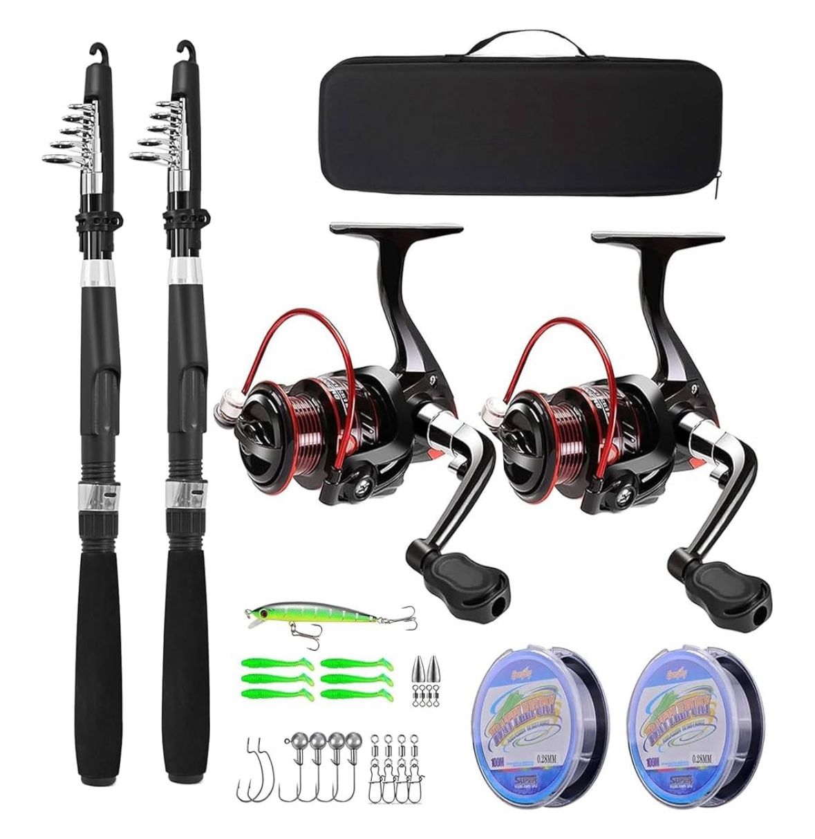 Fishing Pole Combo Set,2.1m/6.89ft 2PCS Collapsible Rods 2PCS Spinning Reels Lures Set Carrier Bag Carbon Fiber Telescopic Fishing Rods Sea Saltwater 