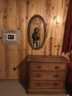Lg antique chest and oval mirror