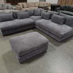 New! Deep Seating Couch, Dark Grey Sectional, Plush Sectional, Sectionals, Sofa, Couch, Sectional Sofa, Corduroy Sectional, Gray Couch, Grey Sofa. Dim