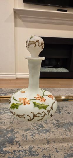 Vintage Hand-Painted Frosted Glass Decanter Bottle with Stopper Holly Berry & Scrollwork Motif