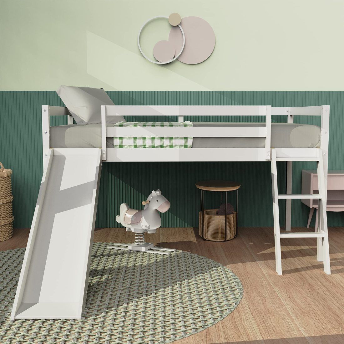 New 100% natural solid pine wood Twin Low Loft Bed With Slide And Ladder For Kids/toddlers, Wooden Sturdy Low Loft Bed New in box NFD006WH * Transfo