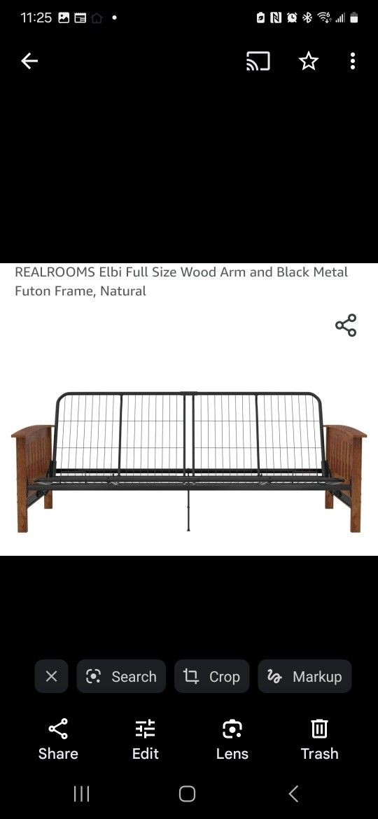 New In Box Beautiful REALROOMS Elbi Full Size Wood Arm and Black Metal Futon Frame in a natural wood finish.