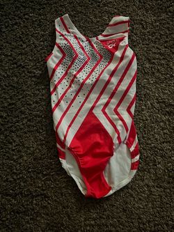 Girls Gymnastics Leotard Red White Rhinestone