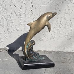 Vintage Dolphin Cast Bronze Art Sculpture Patinated Wave on Wood Base