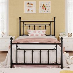 C235 $50  14" Twin Size Metal Platform Bed Frame/Victorian Headboard and Footboard/Steel Slats Mattress Foundation for Storage/No Box Spring Needed/No