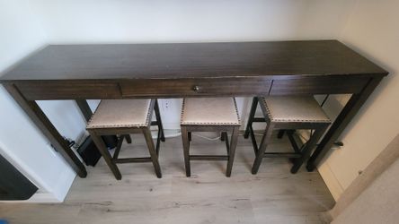 Dark Wood Console / Sofa Table with 3 Upholstered Stools – Great Condition!