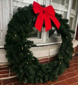 Large Christmas Holiday Door Wreath Red Bow Lights House decor tree greenery