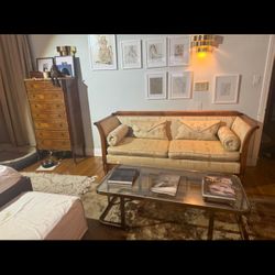 Sweetest Yellow Silk And Maple Regency Style Sofa With Bolster Cushions And Envelope Pillows