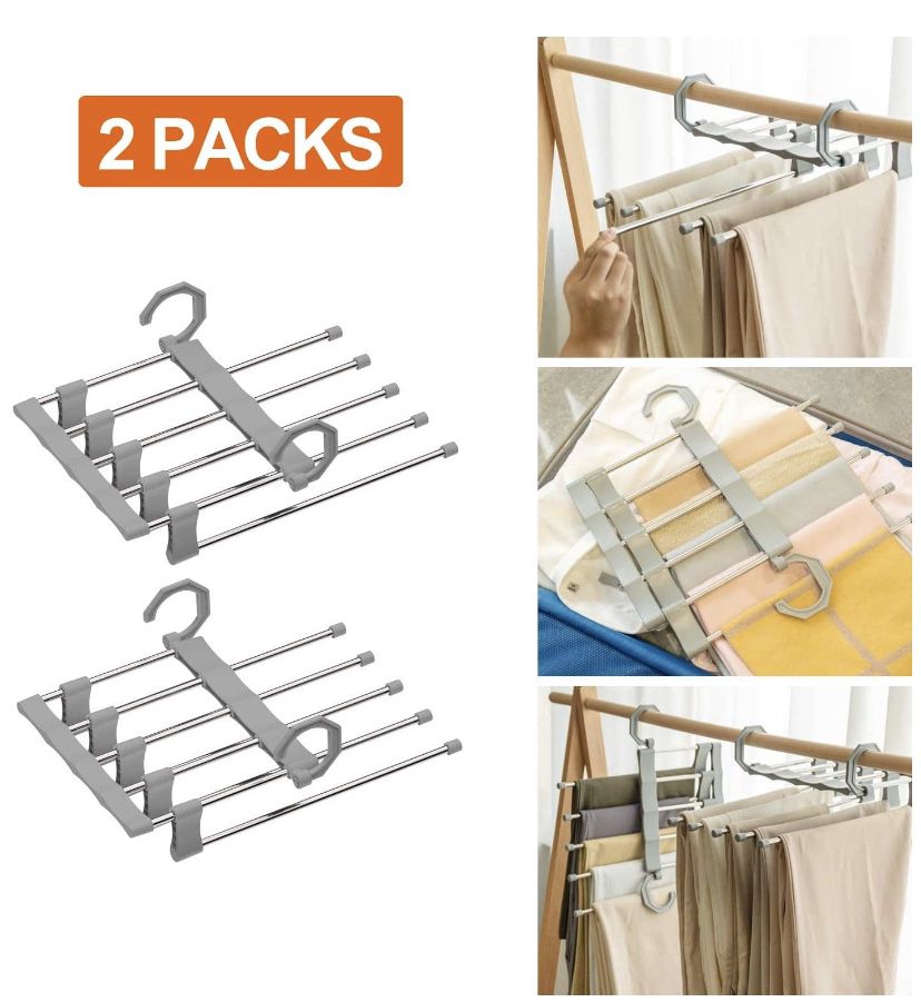 Pants Hangers 5 Layers Stainless Steel Non-Slip Space Saving Clothes Closet Storage Organizer for Pants Jeans Trousers Skirts Scarf