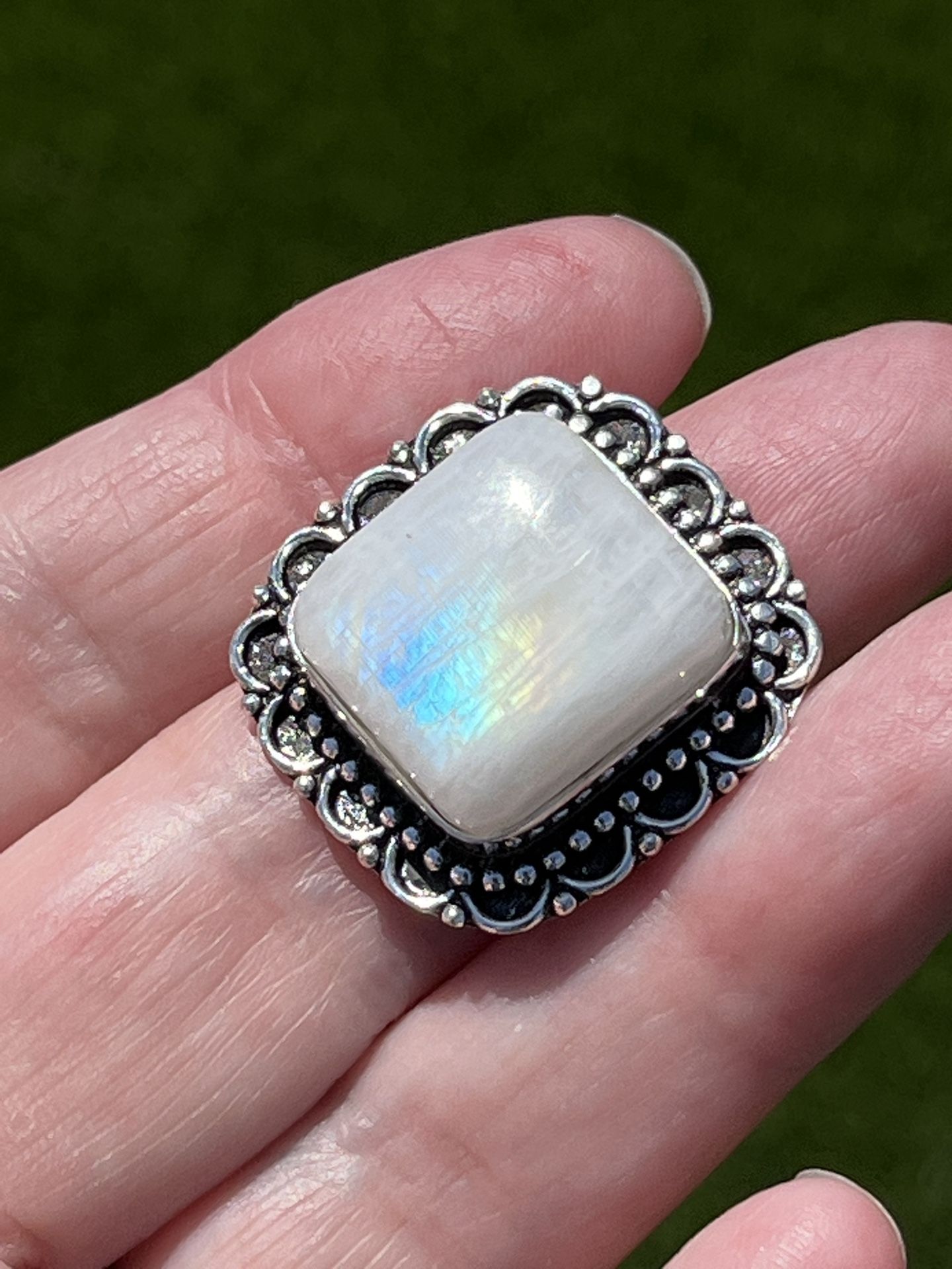 Handcrafted Natural Rainbow Moonstone Sterling Silver Ring Sz 6.75