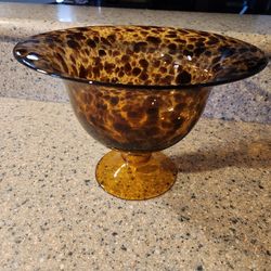vintage tortoise shell amber leopard-spotted hand-blown art glass pedestal bowl