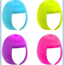 Short Bob Wig, 4 Pieces Colorful Wigs, 12" Cosplay Wigs with Flat Bangs, Neon Colored Wig for Women