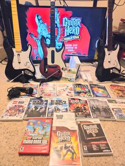 Nintendo Wii Guitar Hero / Rock Band Bundle: 2 Working Guitars, Mic, 15 Games + Wii Sports (sealed)