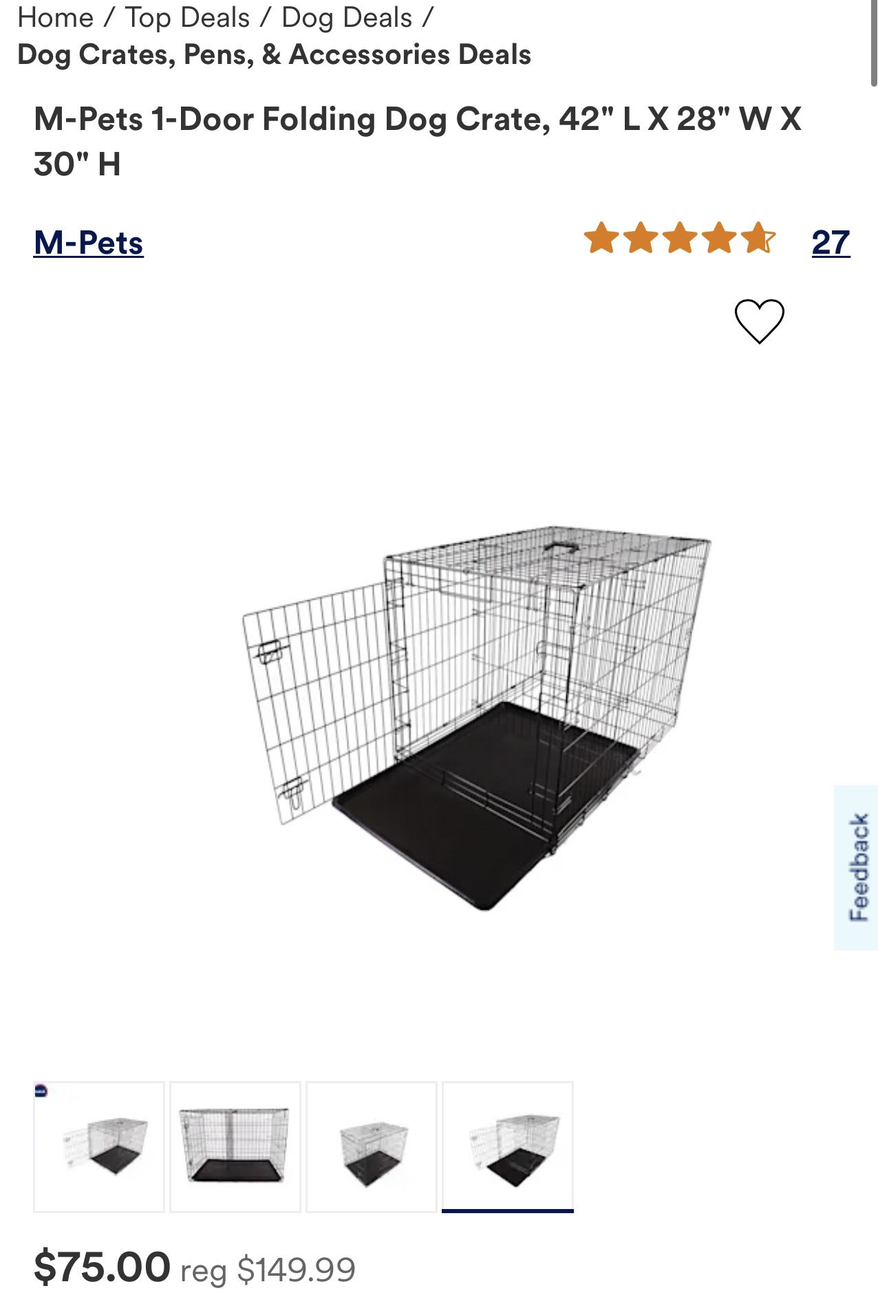 M-Pets 1-Door Folding Dog Crate, 42" L X 28" W X 30" H