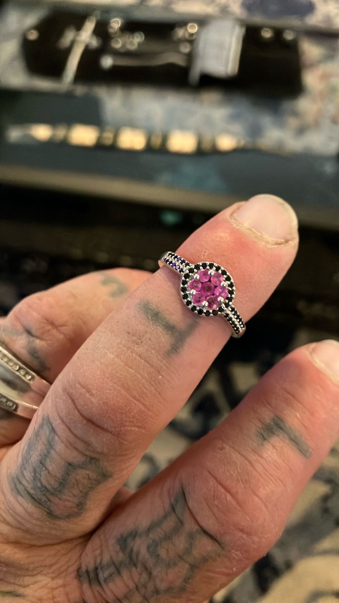 Ruby, Black Diamond And Silver Ring