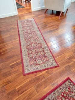 Asian Rug.  Red Asian Rugs.  2 Sizes:  7ft/8in 2ft/4in runner and 2ft_3ft.   Beautiful, red, colorful.  Need A steam clean.
