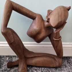 Hand Carved Wooden Woman Sculpture Seated Figurine Tribal Style Boho Decor