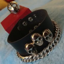 3 SKULL  Faux Leather Bracelet & Ring